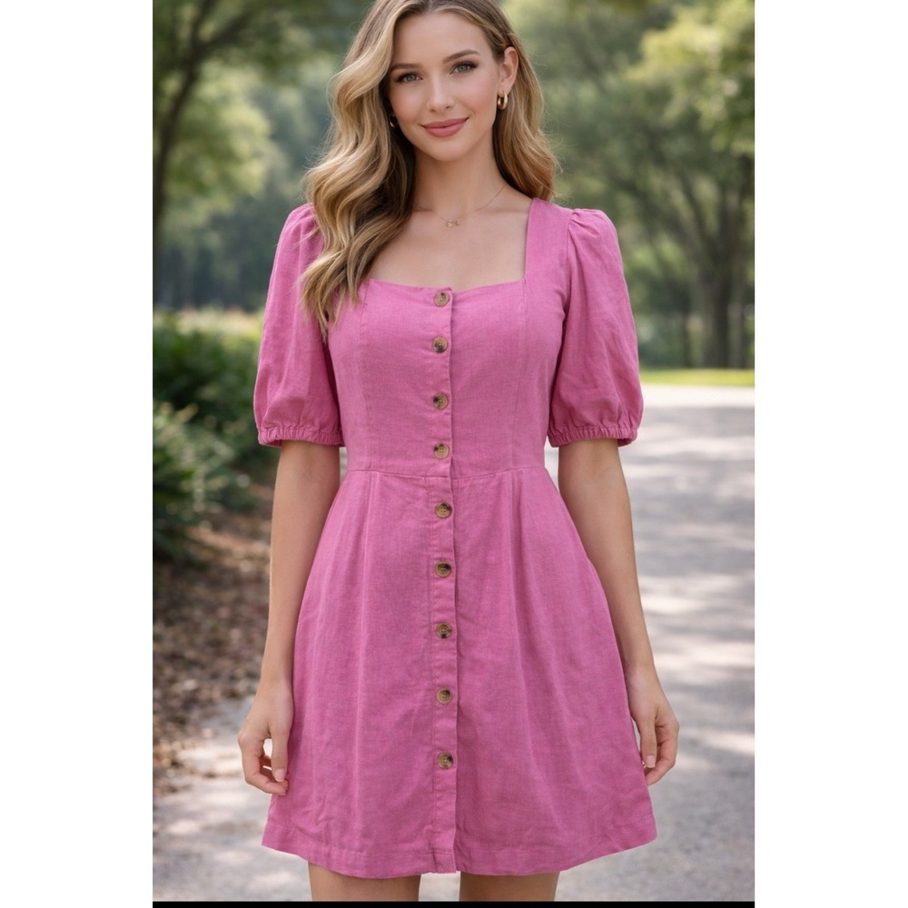 Old Navy Women Dress XS Pink Fit & Flare Milkmaid Button Short Sleeve